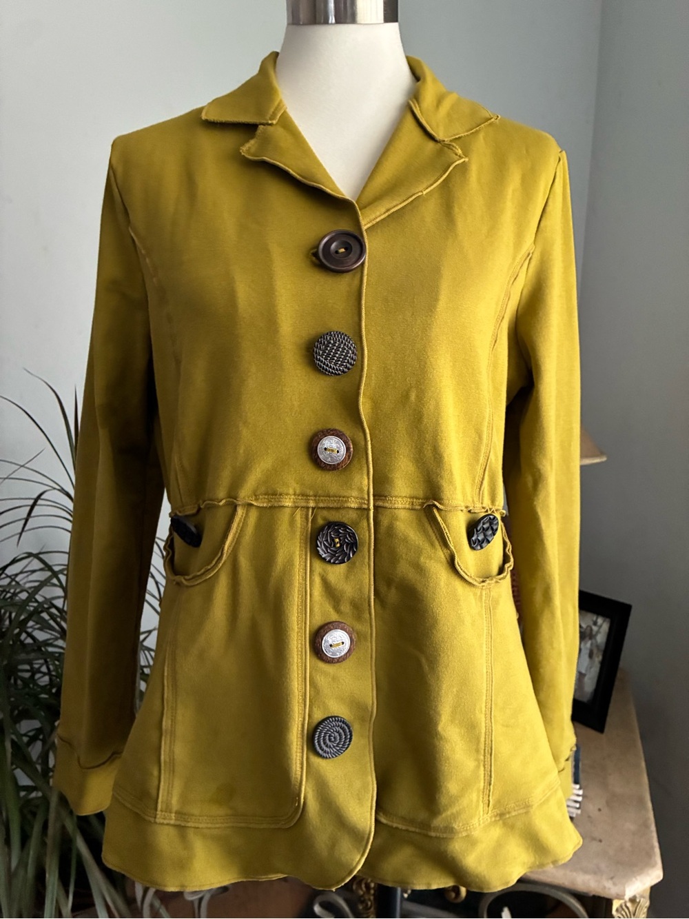 Neon Buddha Boho Art To Wear Green Cotton Button Up Jacket, Size L